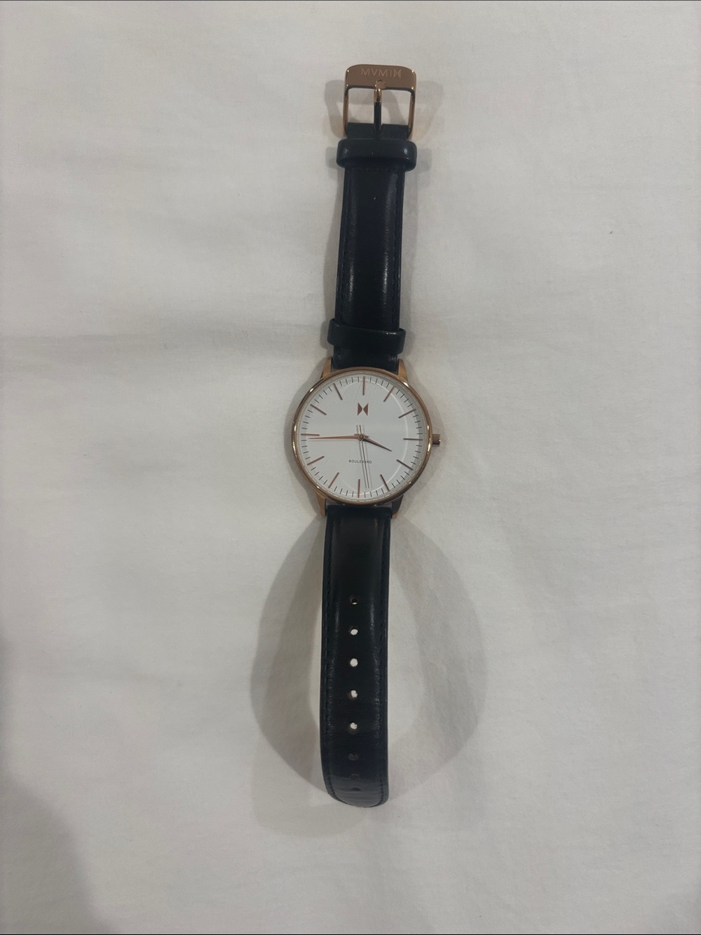 MVMT Black Leather Watch with Rose Gold Case and White Dial